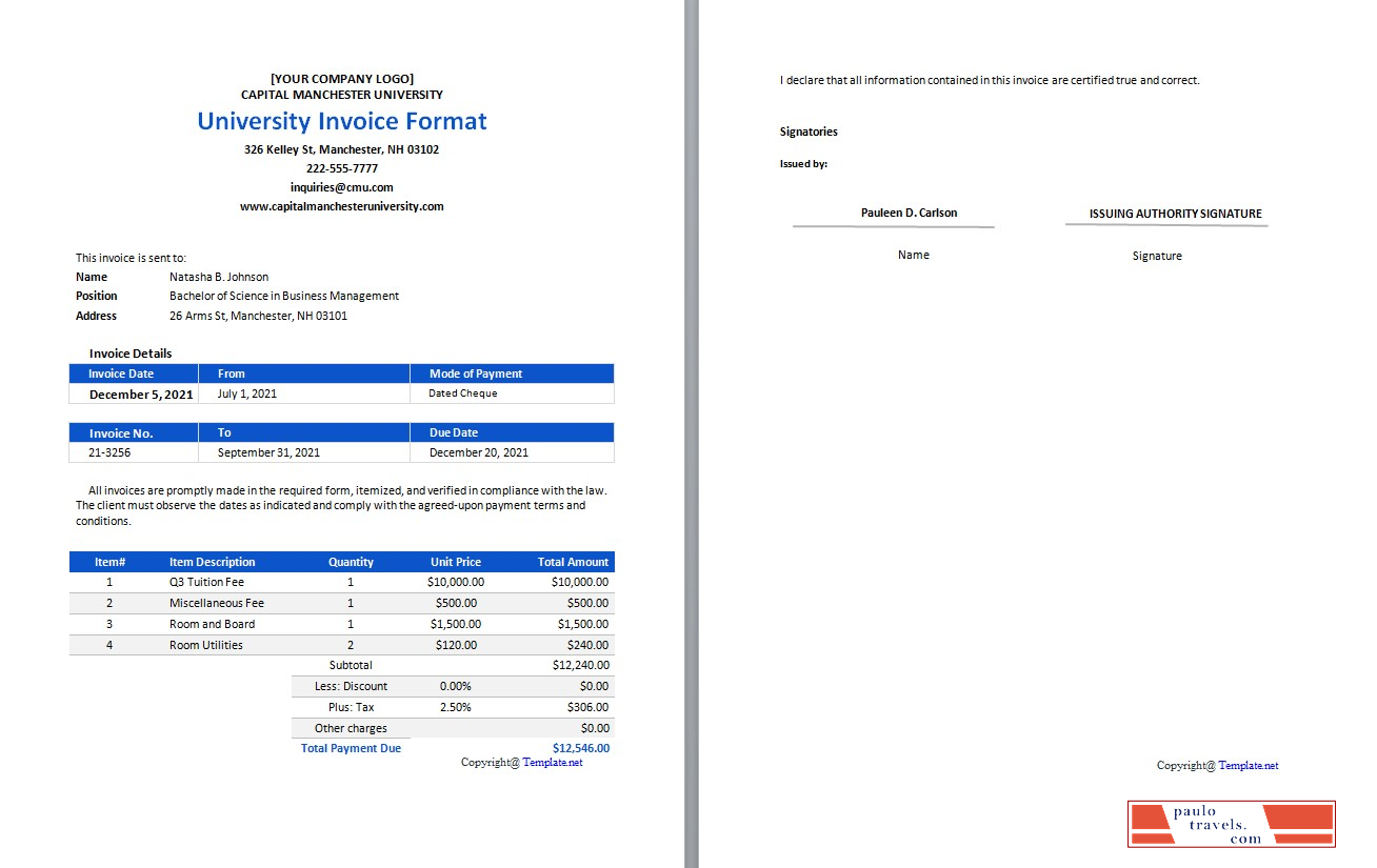 Free University Invoice Format Template PSD template